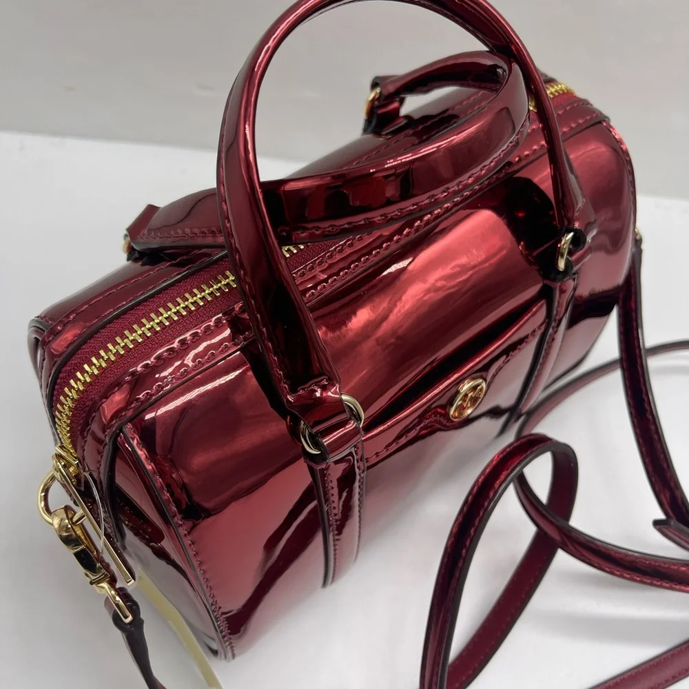 MICHAEL KORS Jet Set Sm Metallic Convertible Crossbody Duffle XBODY Cherry NWT